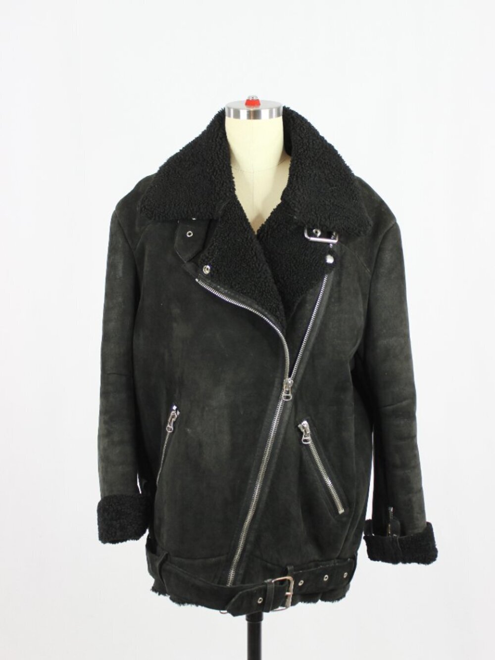 ACNE STUDIOS Velocite Black Leather Shearling Motorcycle Moto Jacket, Size 34/XS